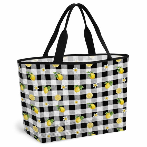 Cute Lemon Floral Beach Bag for Women, Large Breathable Mesh Beach Tote Bag, Farmhouse Black White Buffalo Plaid Sandproof Lightweight Travel Bags for Vacation Picnic Swimming Pool 15.7"x15.7"x9.1"
