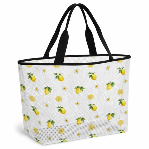 Cute Lemon Floral Beach Bag for Women, Large Breathable Mesh Beach Tote Bag, Farmhouse Summer Fruits Sandproof Lightweight Travel Bags for Vacation Picnic Swimming Pool 15.7"x15.7"x9.1"