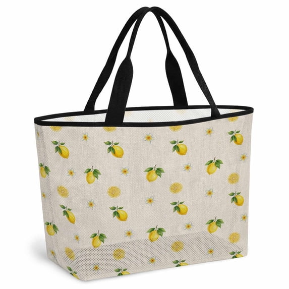Cute Lemon Floral Beach Bag for Women, Large Breathable Mesh Beach Tote Bag, Farmhouse Vintage Linen Texture Sandproof Lightweight Travel Bags for Vacation Picnic Swimming Pool 15.7"x15.7"x9.1"