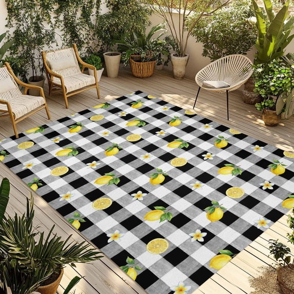 Cute Lemon Floral Outdoor Rug for Patio/Deck/Porch, Non-Slip Large Area Rug 5 x 7 Ft, Farmhouse Black White Buffalo Plaid Indoor Outdoor Rugs Washable Area Rugs, Reversible Camping Rug Carpet Runner