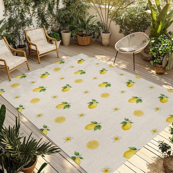 Cute Lemon Floral Outdoor Rug for Patio/Deck/Porch, Non-Slip Large Area Rug 5 x 7 Ft, Farmhouse Vintage Linen Texture Indoor Outdoor Rugs Washable Area Rugs, Reversible Camping Rug Carpet Runner