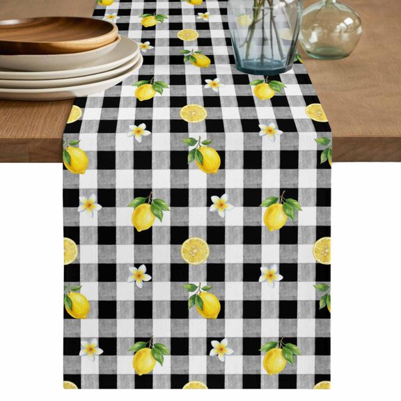 Cute Lemon Floral Table Runner, Farmhouse Black White Buffalo Plaid Washable Cotton Linen Table Runners 36 Inches Long, Dresser Scarf Runner for Nightstand/End Tables/Round Tables 13''x36''