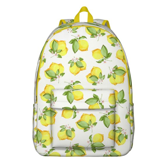 Cute Lemon Fruit Design School Backpack, Yellow Citrus Summer Print Daypack with Floral Fresh Aesthetic