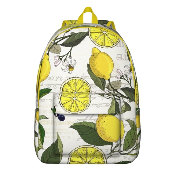 Cute Lemon Pattern School Backpack, Bright Yellow Fruit Design Casual Daypack with Flowers and Vintage Style for Teens
