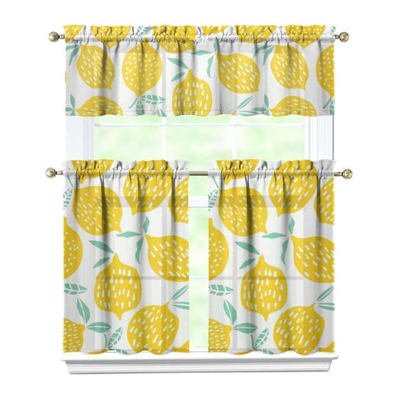 Cute Lemon Print Kitchen Curtains - 3 Piece Set with Rod Pocket, Bright Yellow Vintage Style Window Panels