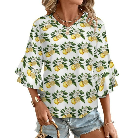 Cute Lemon Print Women's V-Neck Blouse With 3/4 Ruffled Bell Sleeves Casual Top Ladies Blouses