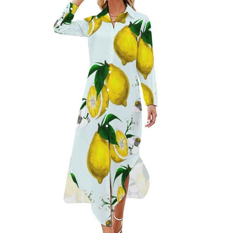 Cute Lemon Print on Blue Background Long Sleeved Shirt Dress loose