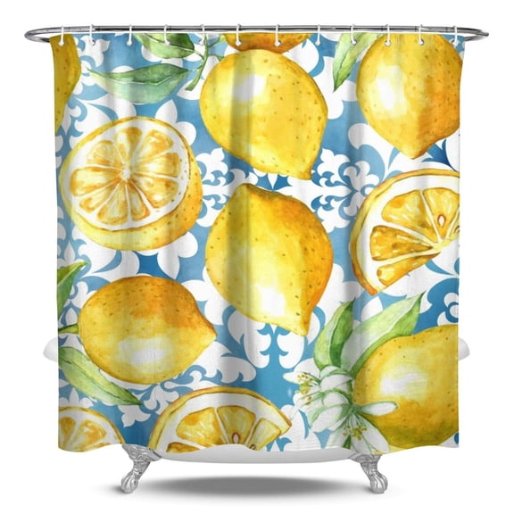 Cute Lemon Shower Curtain - Yellow Fruit & Bees Floral Design Waterproof Hotel Style Bathroom Drapes 84" x 72"