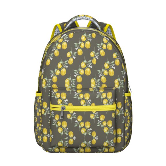 Cute Lemon Students Backpack Yellow Fruit School Bag with Summer Retro Floral Pattern, Lightweight and Adjustable Strap