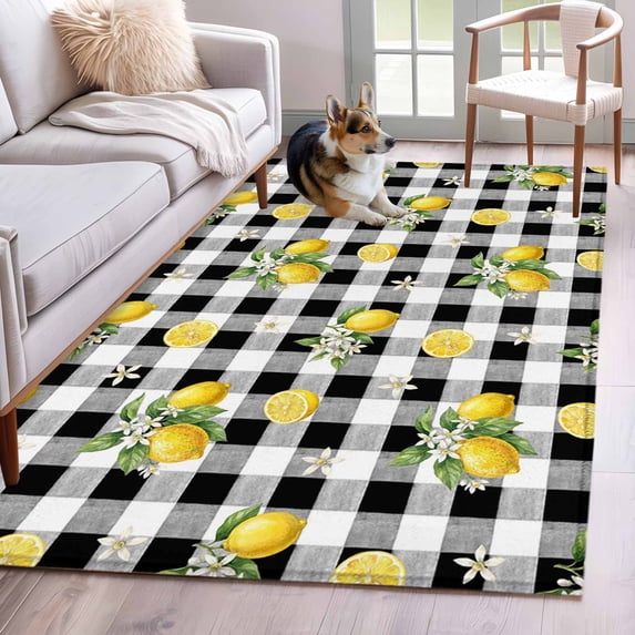 Cute Lemon Summer Area Rugs 2.7'x5', Washable Small Throw Rugs for Kitchen Bedroom, Farmhouse Floral Black Buffalo Plaid Indoor Outdoor Rug Non-Slip Low Pile Carpet Runner Reversible Floor Mats