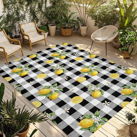 Cute Lemon Summer Outdoor Rug for Patio/Deck/Porch, Non-Slip Large Area Rug 4 x 6 Ft, Farmhouse Floral Black Buffalo Plaid Indoor Outdoor Rugs Washable Area Rugs, Reversible Camping Rug Carpet Runner
