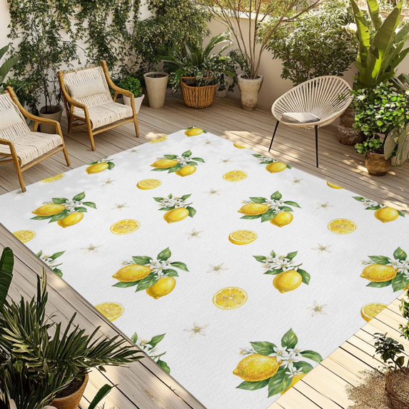 Cute Lemon Summer Outdoor Rug for Patio/Deck/Porch, Non-Slip Large Area Rug 4 x 6 Ft, Farmhouse Floral Botanical Leaves Indoor Outdoor Rugs Washable Area Rugs, Reversible Camping Rug Carpet Runner