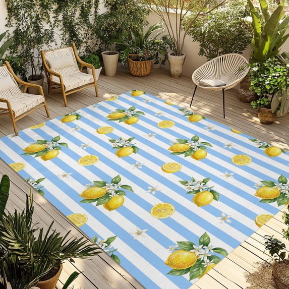 Cute Lemon Summer Outdoor Rug for Patio/Deck/Porch, Non-Slip Large Area Rug 5 x 8 Ft, Farmhouse Floral Blue Striped Indoor Outdoor Rugs Washable Area Rugs, Reversible Camping Rug Carpet Runner