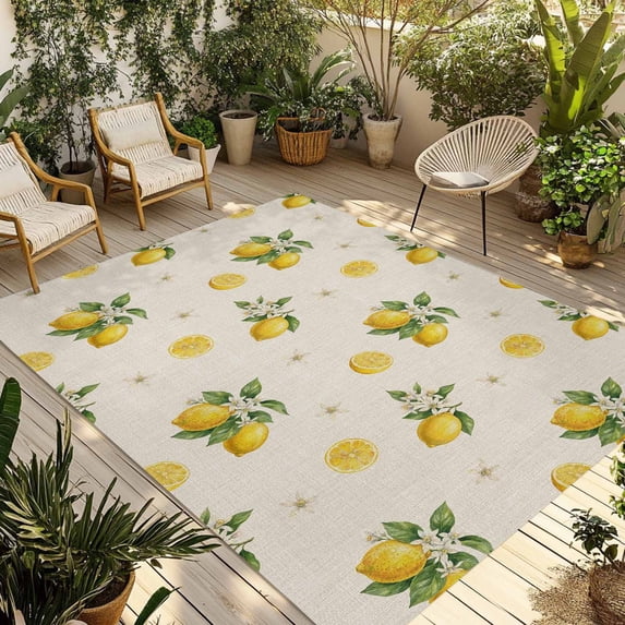 Cute Lemon Summer Outdoor Rug for Patio/Deck/Porch, Non-Slip Large Area Rug 6 x 9 Ft, Farmhouse Floral Retro Linen Texture Indoor Outdoor Rugs Washable Area Rugs, Reversible Camping Rug Carpet Runner