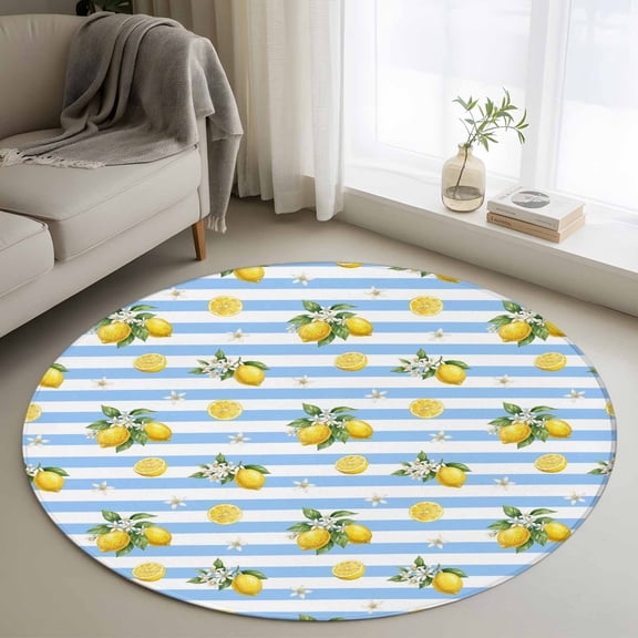 Cute Lemon Summer Round Area Rug 3Ft Washable Small Circle Rugs for Kitchen Entryway, Farmhouse Floral Blue Striped Non-Slip Carpet Floor Mats Indoor Outdoor Carpet Runner Aesthetic Home Decor