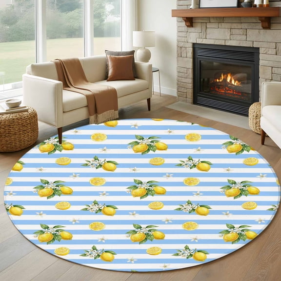 Cute Lemon Summer Round Area Rug 6Ft Washable Circle Rugs for Bathroom Office, Farmhouse Floral Blue Striped Non-Slip Carpet Floor Mats Indoor Outdoor Carpet Runner Aesthetic Home Decor
