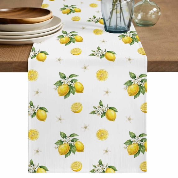 Cute Lemon Summer Table Runner 70 Inches, Farmhouse Floral Botanical Leaves Bed Runner Dresser Scarves Tabletop for Indoor Outdoor Parties/Ceremony/Banquet, 13" x 70"