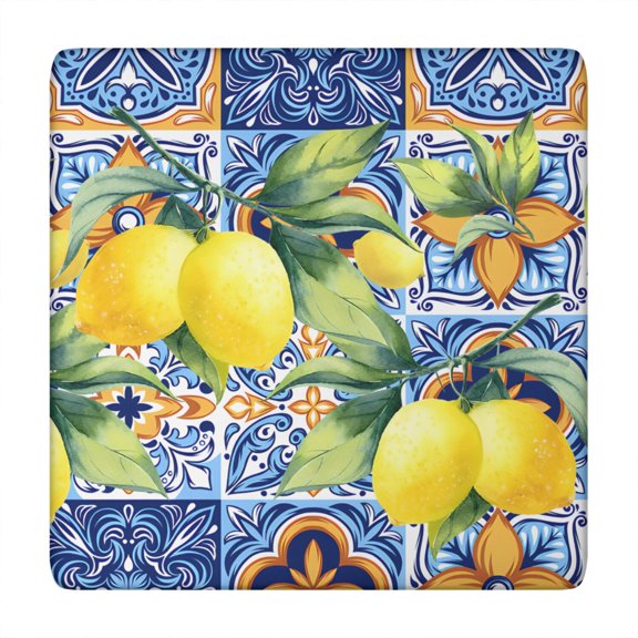 Cute Lemon Yellow Elastic Table Cover - Square Fitted Tablecloth for Indoor/Outdoor, Vintage Floral Print, Soft Durable Windproof Fabric