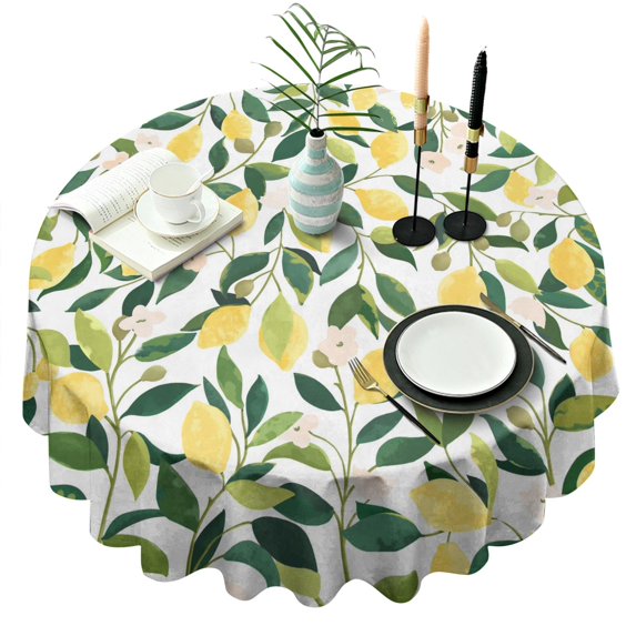Cute Lemon Yellow Fruit Round Table Cloth,Wrinkle Resistant Table Cover with Polyester,Waterproof Reusable Tableclothes for Weeding Birthday Tea Party Decorations (Round,60x60inch)