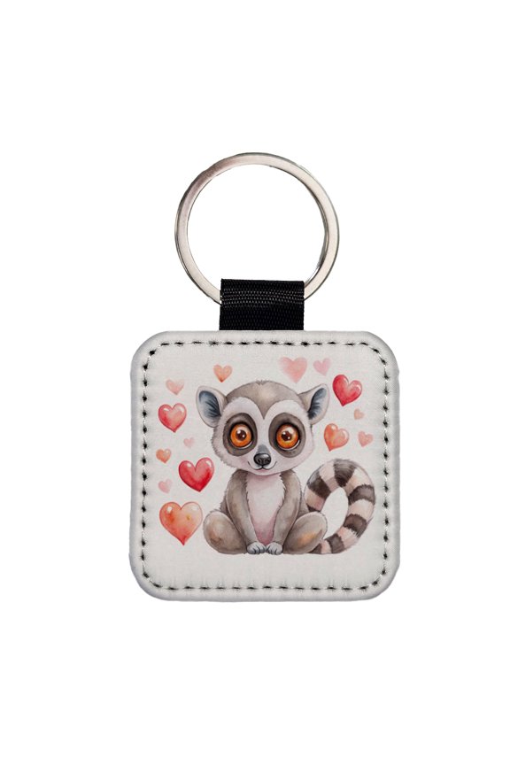 Cute Lemur Hearts Watercolor Faux Leather Square Keychain