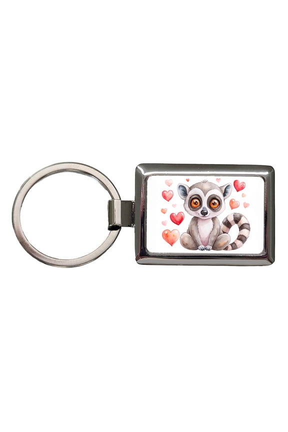 Cute Lemur Hearts Watercolor Metal Rectangle Keychain