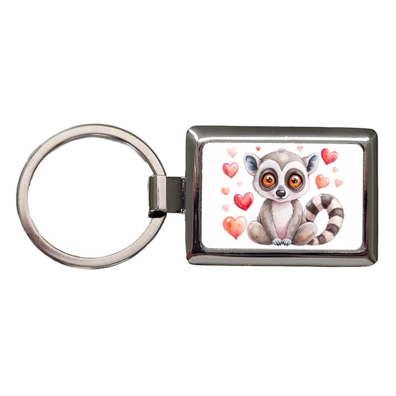 Cute Lemur Hearts Watercolor Metal Rectangle Keychain