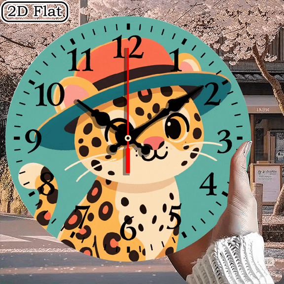 Cute Leopard Cartoon Wall Clock, Whimsical Spotted Cheetah Animal Art Round Clock for Kids Room, 10x10 Inch, 1pc, Battery Not Included