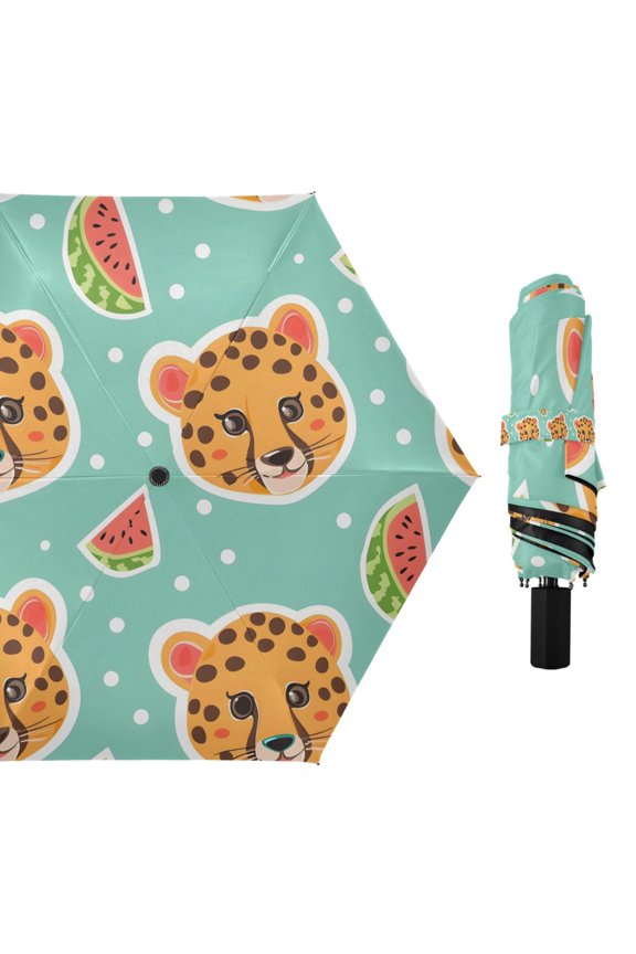 Cute Leopard Face and Watermelon Compact Sun Umbrella Windproof Travel Umbrellas for Rain Strong Portable UV Protection