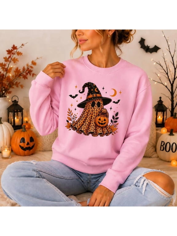 Cute Leopard Ghost Sweatshirt, Witch Hat Ghost Sweater, Spooky Season Halloween Crewneck, Cozy Fall Autumn Pullover, Halloween Gift for Her