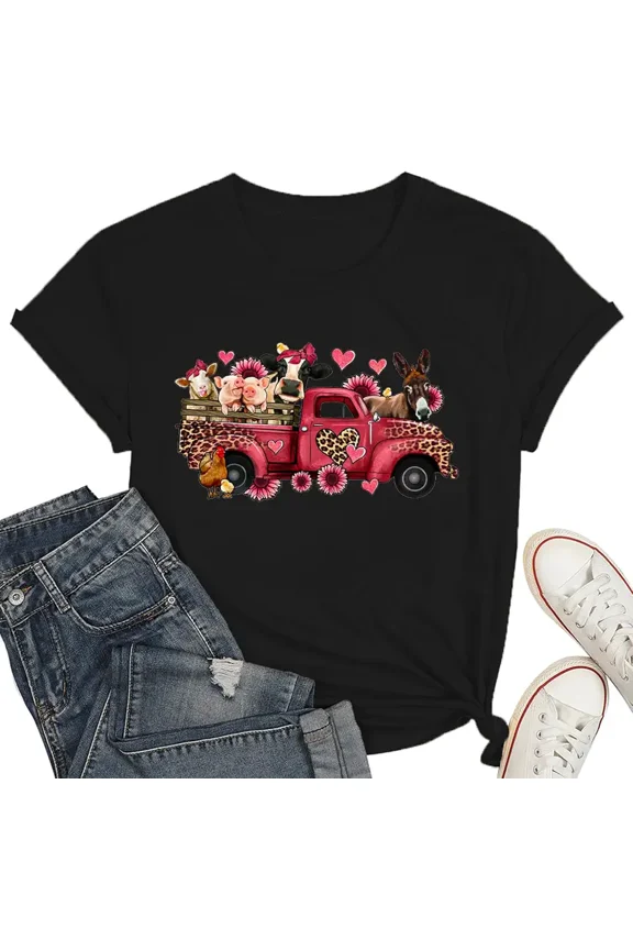 Cute Leopard Heart Farm Truck Graphic for Women Short Sleeve Casual T-Shirt
