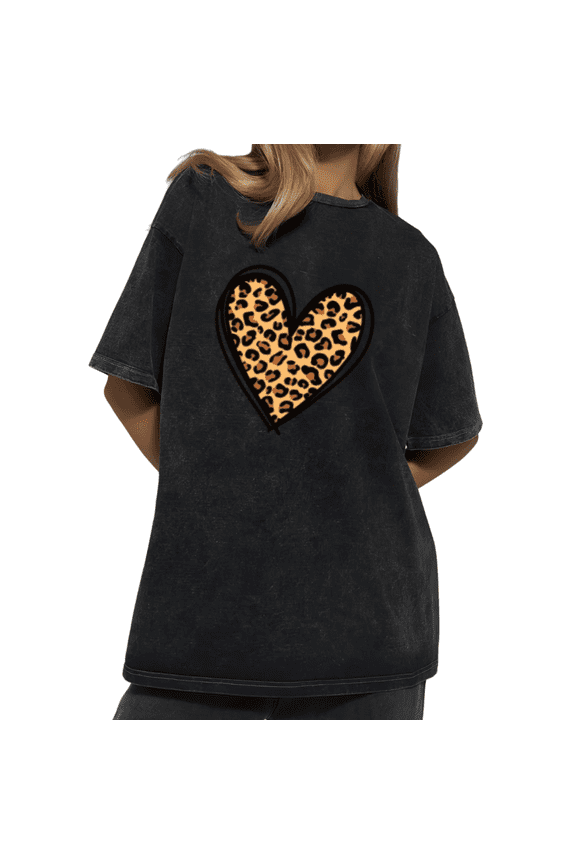 Cute Leopard Heart Graphic Tees Shirts Unisex Black Print T-shirt Daily Comfort Casual Tops