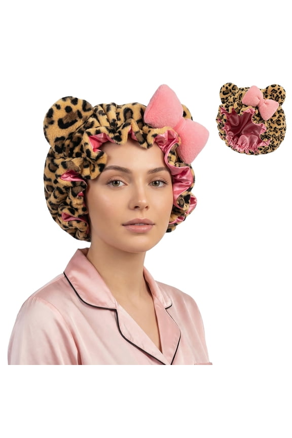 Cute Leopard Print Bonnet Sleep Bonnet for Women Soft Satin-Lined Spa Headband with Bow for Hair Protection