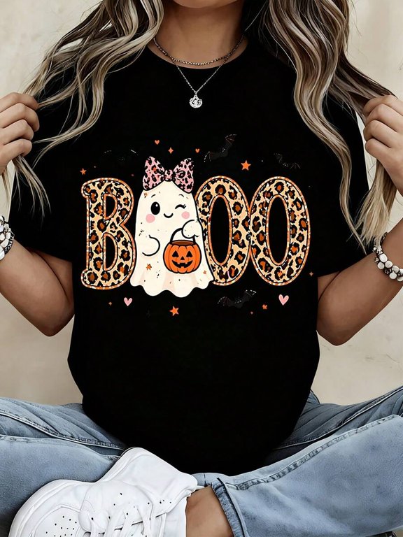 Cute Leopard Print Boo Ghost Halloween Graphic Tee Women Casual Autumn Party Top
