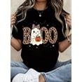 thumbnail image 1 of Cute Leopard Print Boo Ghost Halloween Graphic Tee Women Casual Autumn Party Top, 1 of 6