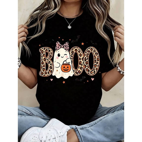 Cute Leopard Print Boo Ghost Halloween Graphic Tee Women Casual Autumn Party Top