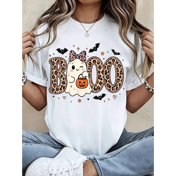 Cute Leopard Print Boo Ghost Halloween Graphic Tee Women Casual Autumn Party Top