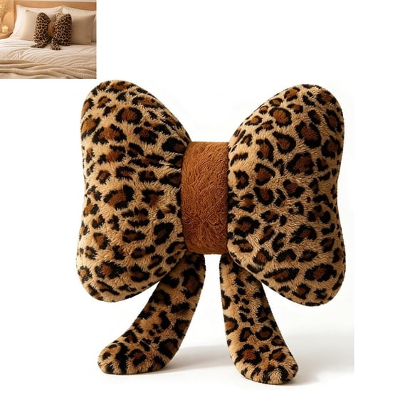 Cute Leopard Print Bow Throw Pillows, Cheetah Print Pillow Lumbar Suffed Pillow, 3D Bow Design Soft Plush Material for Home Living Room Bedroom
