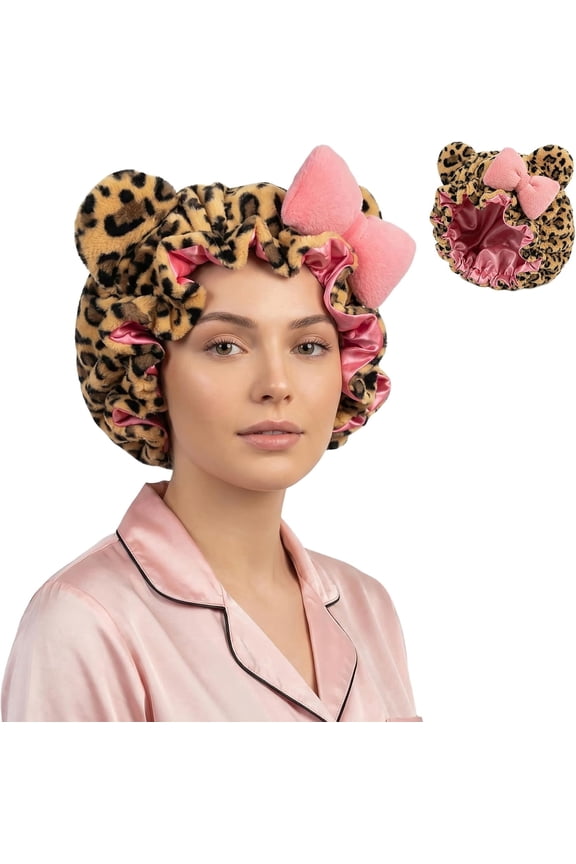 Women's Satin-Lined Teddy Bonnet, Leopard Print Sleep Cap with Bow for Hair Protection, Brown
