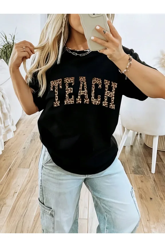 Cute Leopard Print TEACH T-Shirt for Women, Stylish Teacher Appreciation Gift Top, Casual Crewneck Educator Shirt, Trendy Animal Print Tee