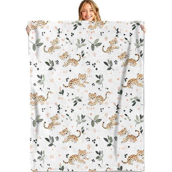 Cute Leopard Throw Blanket,60x50 Inch,Soft,Lightweight Flannel,Lush Leaf Blankets Gifts for Kids Boys Girls Animal Lovers,for Couch Office Travel,Home Living Room Modern Decor