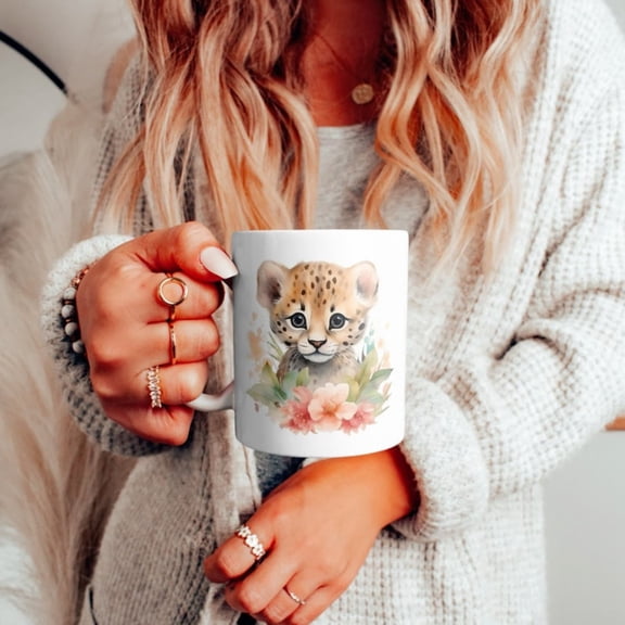 Cute Leopard with Flowers Watercolor Ceramic Mug, Adorable Leopard Cub Coffee Cup, Beautiful Leopard Tea Cup, Leopard Gift, & oz.