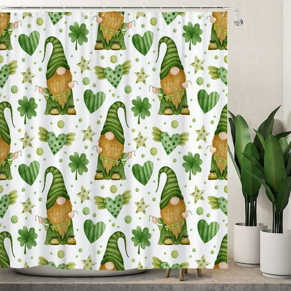 Cute Leprechaun Green Clover Shamrock Shower Curtain, Spring Irish St. Patricks Day Shamrock Heart Bathroom Fabric Shower Curtain Sets for Bathroom with 12 Hooks 72"x72" Shower Curtain Sets