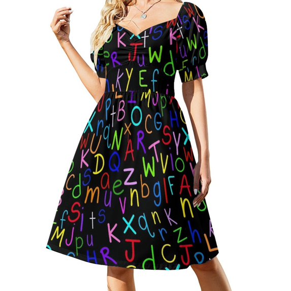 Cute Lette Print Dress Colorful Alphabet Elegant Dresses Woman Short Sleeve Street Style Casual Dress V Neck Oversized Clothes