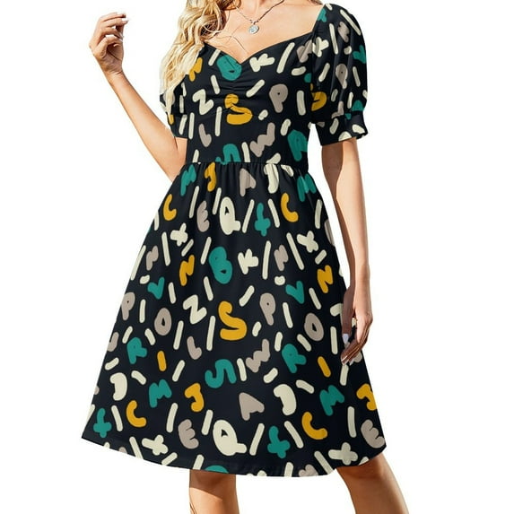 Cute Lette Print Dress Colorful Alphabet Elegant Dresses Woman Short Sleeve Street Style Casual Dress V Neck Oversized Clothes