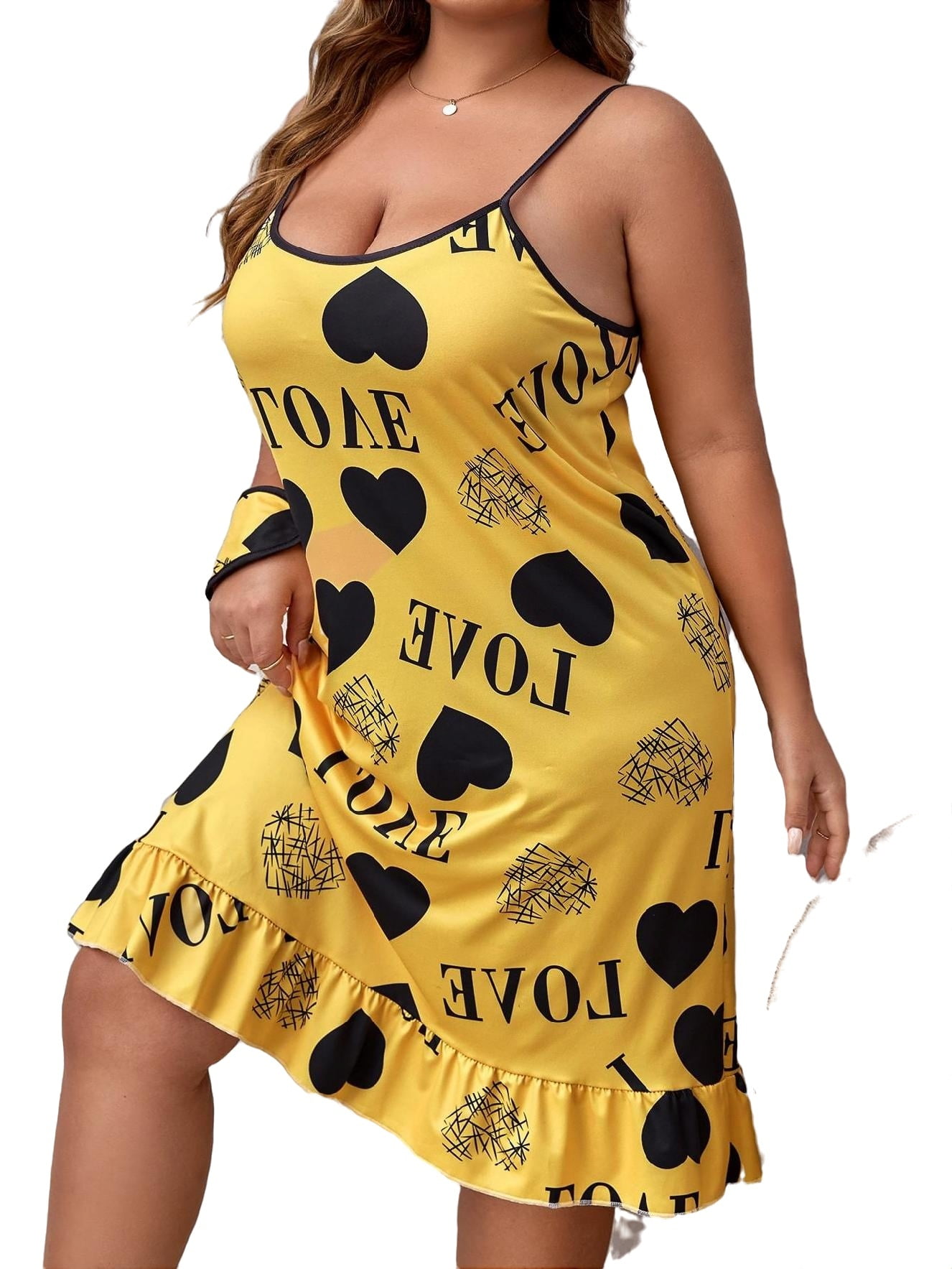 Cute Letter Cami Strap Slip Dress Sleeveless Yellow Plus Size