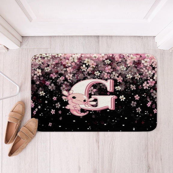 Cute Letter Initial G Bathroom Rugs 16"x 24" for Kids Girls Teens | Cute Axolotl Bath Mat Pink and White Cherry Blossom Doormat Kawaii Axolotl Non Slip Bath Rug