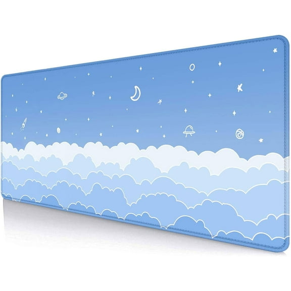 Cute Light Blue Desk Mat Mousepad, Kawaii Anime Gaming Deskmat Pastel Clouds, Aesthetic Stars Moon Deskpad, Minimalist Mint White XL Mouse Pad, 31.5 X 11.8 Inch