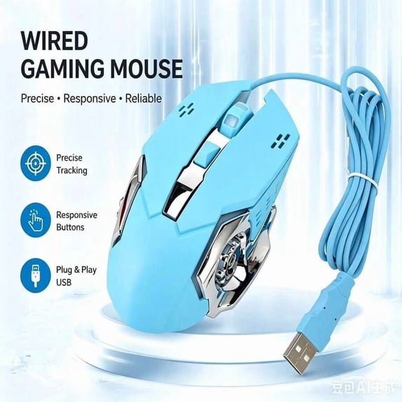 Cute Light Blue Wired Gaming Mouse Ergonomic Mechanical USB Computer ...