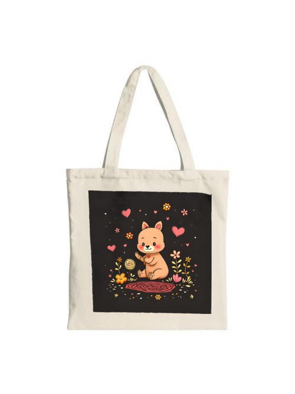 Cute Light Brown Bear Tote Bag - Cartoon Design with Lollipop Colorful Flowers & Hearts on Black Background - Perfect for Shopping & Travel