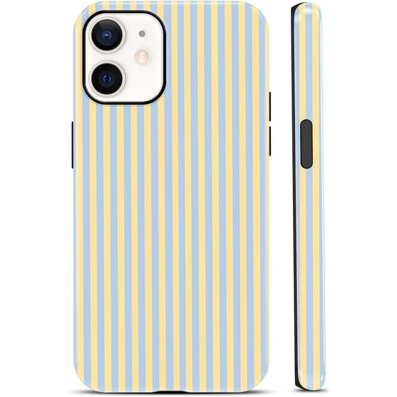 Cute Light Yellow Blue Stripes Vertical Pattern Phone Case for iPhone 12 Mini 5, 4", Trendy Fashion Striped Pattern Glossy Phone Cover Shockproof Soft TPU Hard PC Protection Girls Boy Funda